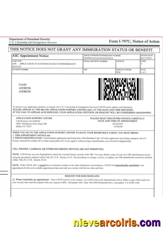 U.S. Citizenship and Immigration services form I-797C, Notice of action